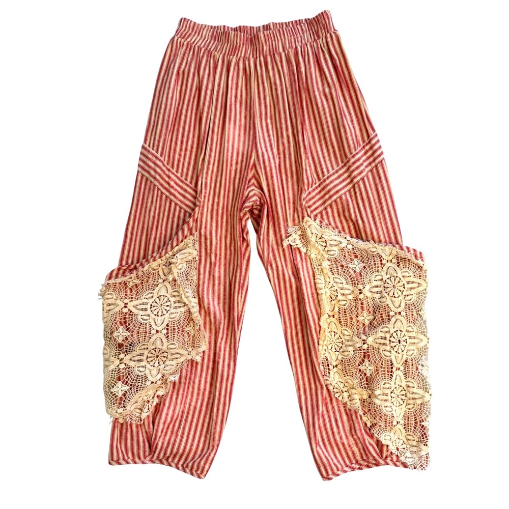 Jaded Gypsy Red Striped Lace Overlay Boho Pants Cotton Size S/M Made in LA